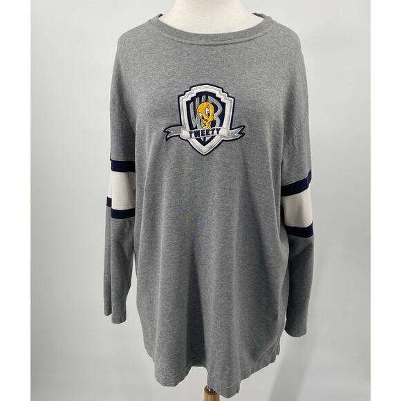 Vintage 90s Tweety Bird Varsity Shirt Crew Neck Long Sleeve Tee Cotton Grey XL - Picture 2 of 7
